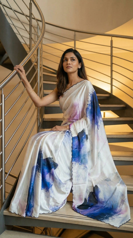 White satin-georgette saree with blue abstract brushstroke design and scalloped embellished border, standing on a staircase.