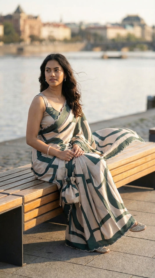 Woman in a White satin-georgette saree with green abstract line pattern and embellished border, sitting on a bench by a waterfront.