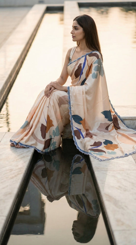 Woman wearing a Peach satin-georgette saree featuring bold floral motifs and delicate lace trim, sitting by a reflective surface.