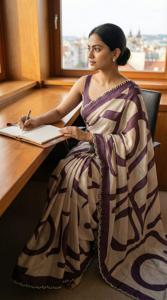 Woman in a Purple-accented satin-georgette saree featuring abstract line design on white base with delicate border, sitting at a desk with a notebook, in an office setting.