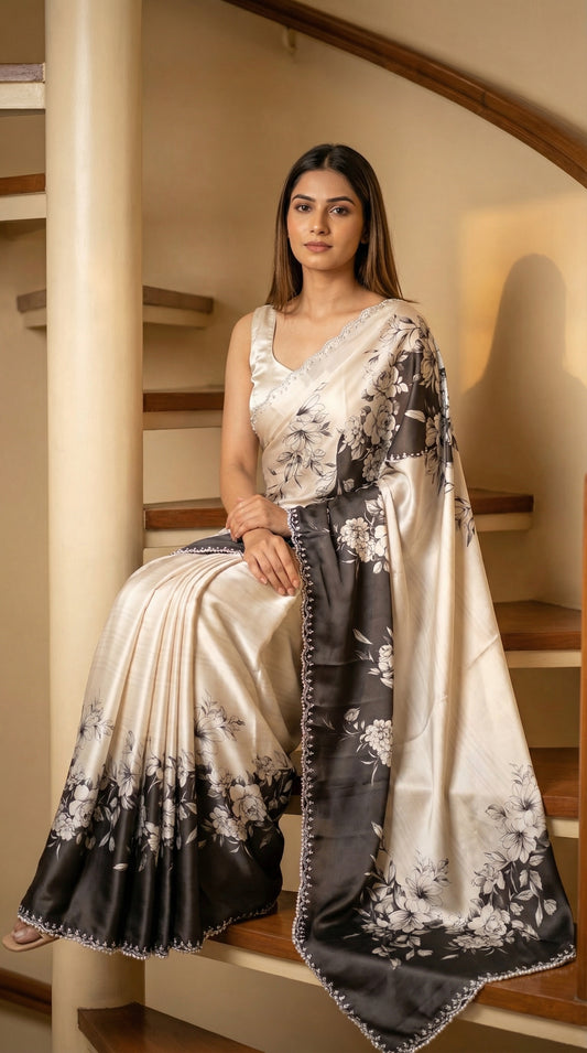 Woman sitting on a staircase wearing a Black and white satin saree.