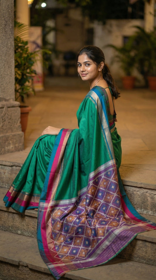Woman in a soft silk saree in peacock green with multicolor border and dotted digital print, sitting on a step.