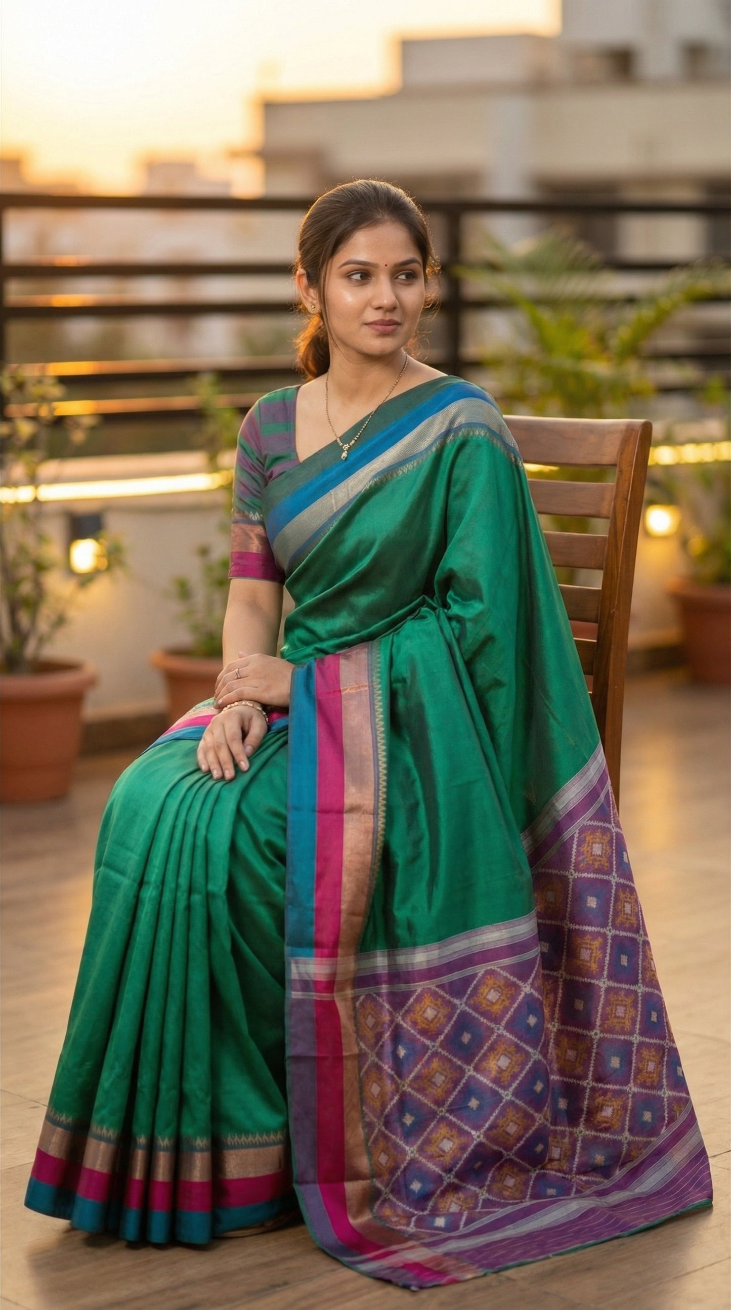 Woman in a soft silk saree in peacock green with multicolor border and dotted digital print, sitting on a wooden chair on her terrace during sunset.