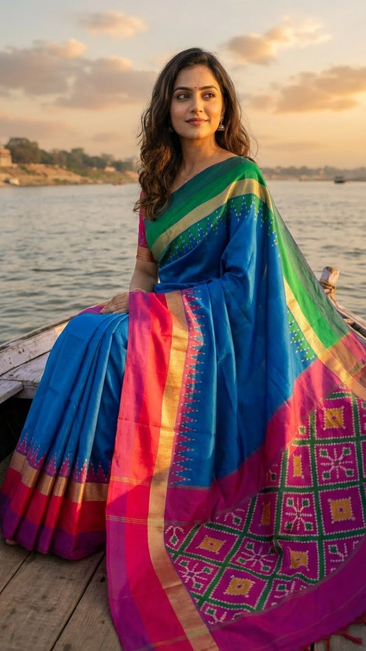 Woman in a soft silk saree in sapphire blue with multicolor border and dotted digital print sitting by a body of water at sunset.