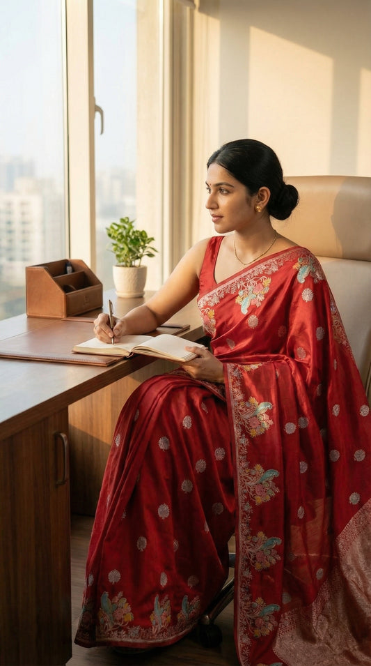 Woman in a red Silk Saree with Zari Embroidery with parrot motifs, sitting at a desk by a window, writing in a notebook.