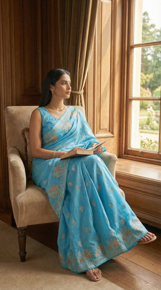 Woman in a Sky Blue Silk Saree with Zari Embroidery with parrot motifs, sitting on a chair by a window.