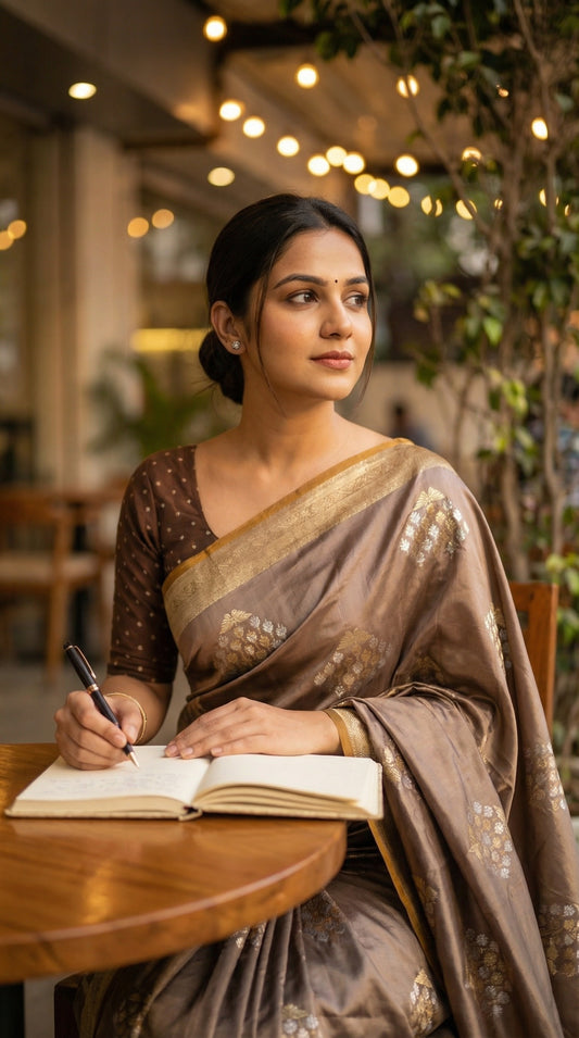 Woman wearing Woman wearing grey soft silk saree with golden embroidery and floral Zari border. Sitting at a café table, pen poised, looking away; modern premium, perfect for urban saree stories.
