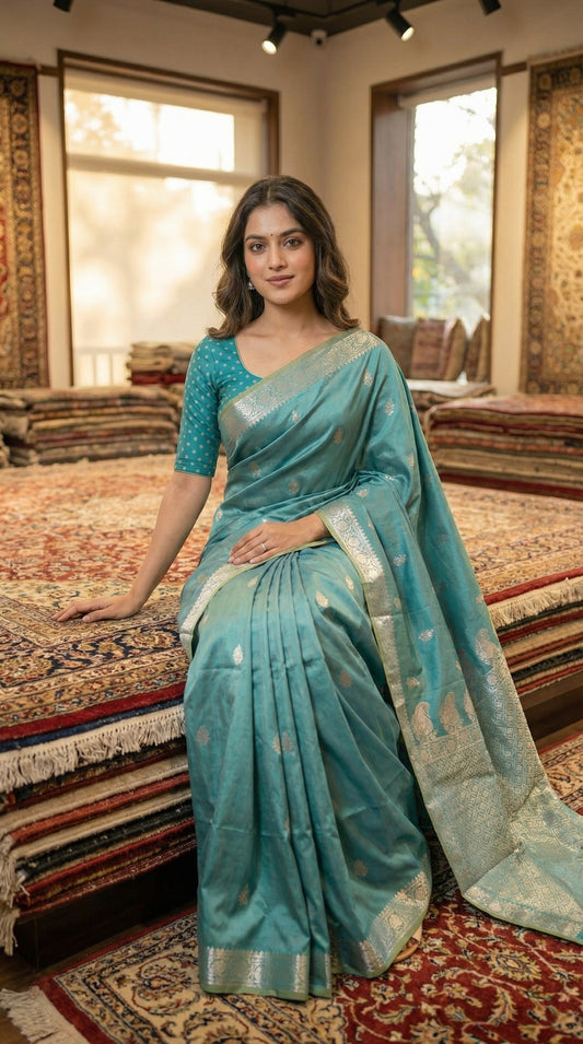 Woman wearing cyan silk blend saree with woven floral motifs and traditional border with gold pattern, sitting — Handcrafted rug showroom: Luxury textile world synergy.