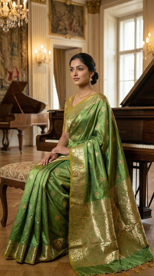 Woman in a emerald green silk blend saree with intricate woven detailing and elegant drape sitting in a elegant room with pianos.
