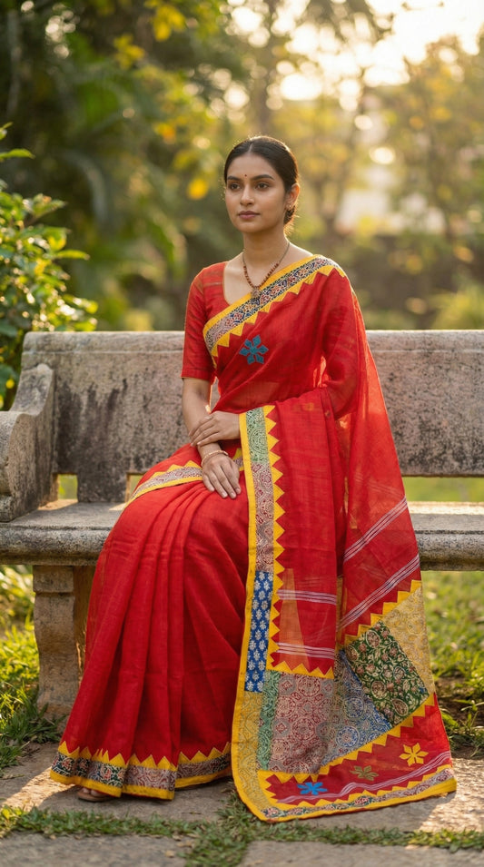 Woman in a red cotton linen saree with handcrafted applique border, sitting on a stone bench outdoors.