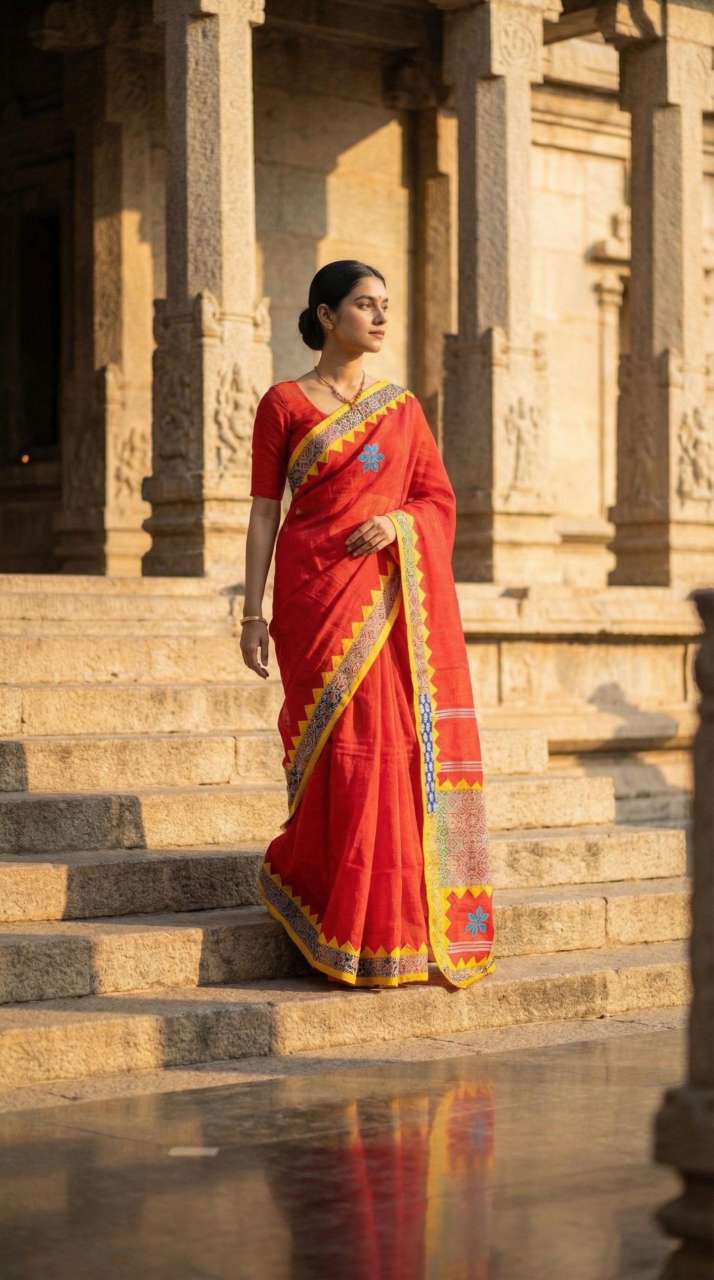 Woman in a red cotton linen saree with handcrafted applique border, standing on steps with architectural background.