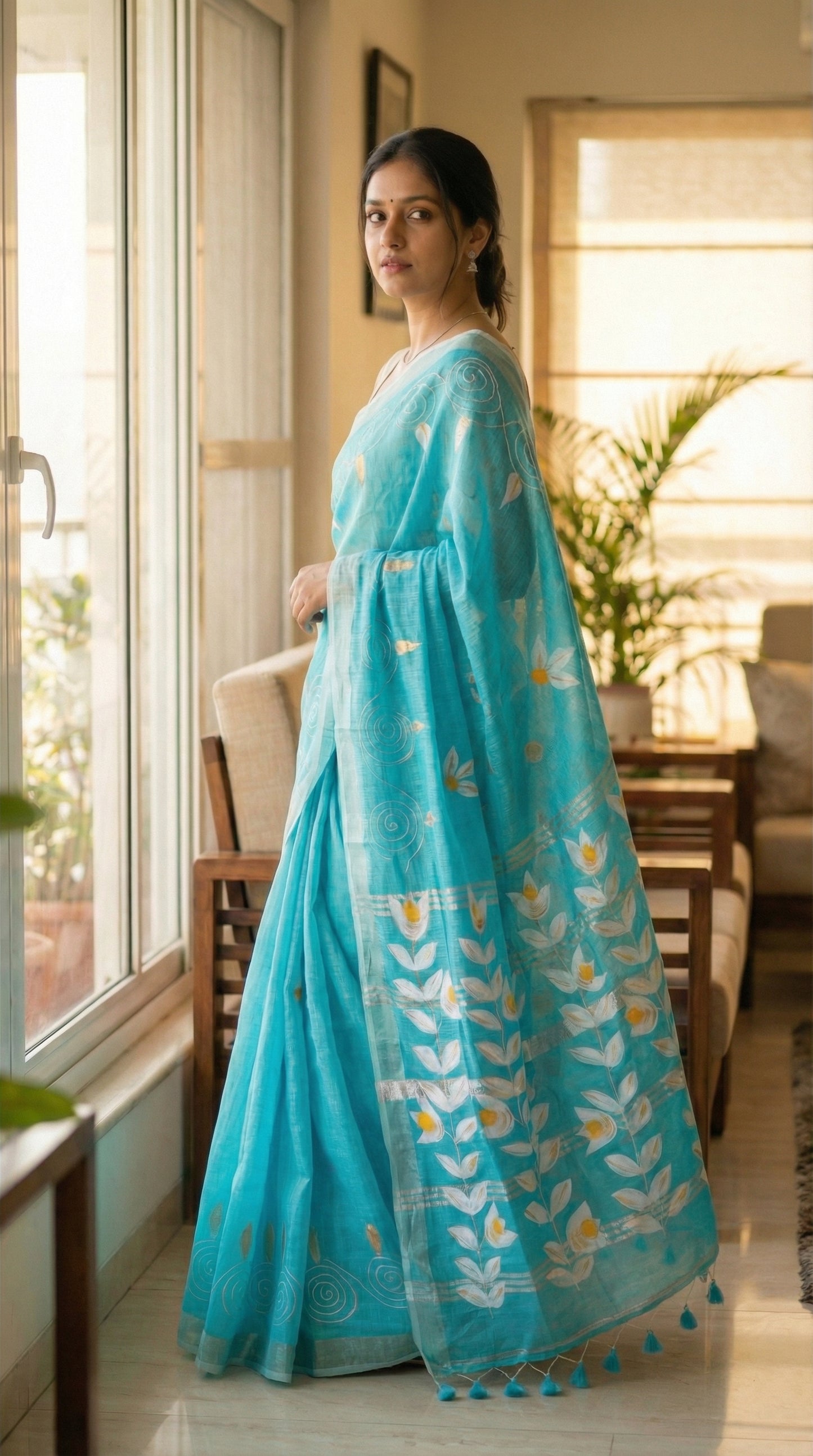 Woman in a sky blue hand painted cotton linen saree with floral motifs and tassel pallu, standing in a well-lit room.