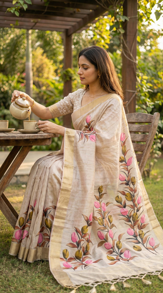 Woman wearing Grey viscose silk saree with soft floral design. Sitting at a garden table, mid-action pouring tea into a ceramic cup; focuses on the grace of the arms and the blouse design.