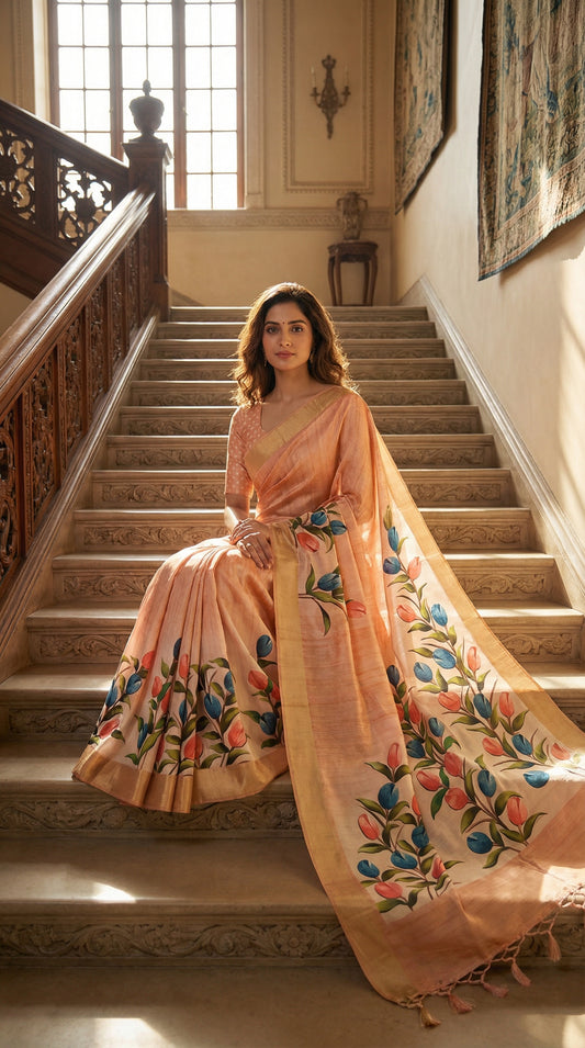 Woman wearing peach viscose silk saree with delicate floral design, sitting on the middle of a grand staircase in a large Indian styled mansion, the saree pleats flowing down to the steps below her.