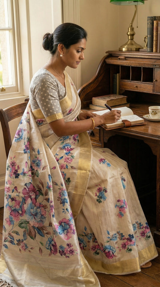 Woman wearing Grey viscose silk blend saree with subtle floral print, sitting on a wooden chair and writing in a book.