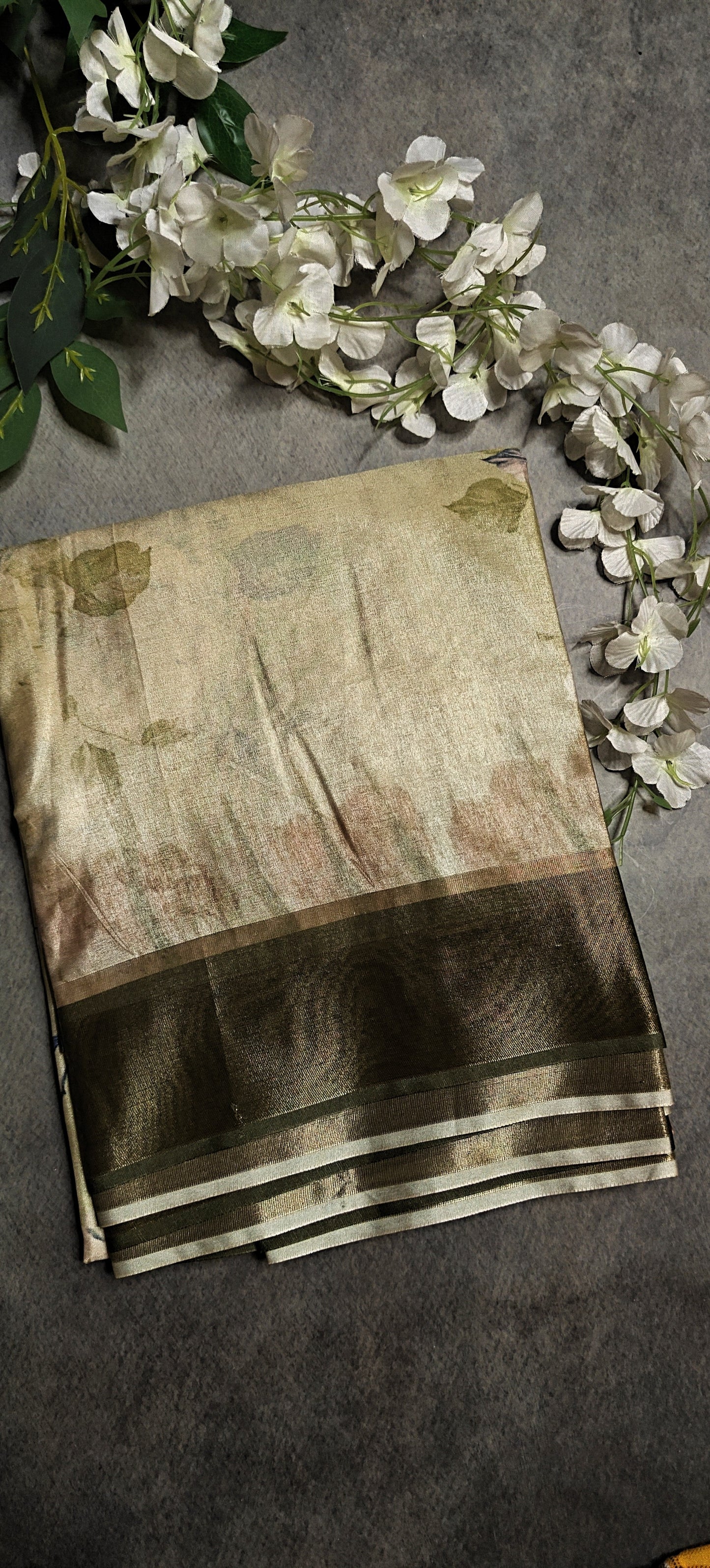 Light green viscose silk saree featuring pastel floral design, breathable and graceful Indian saree.