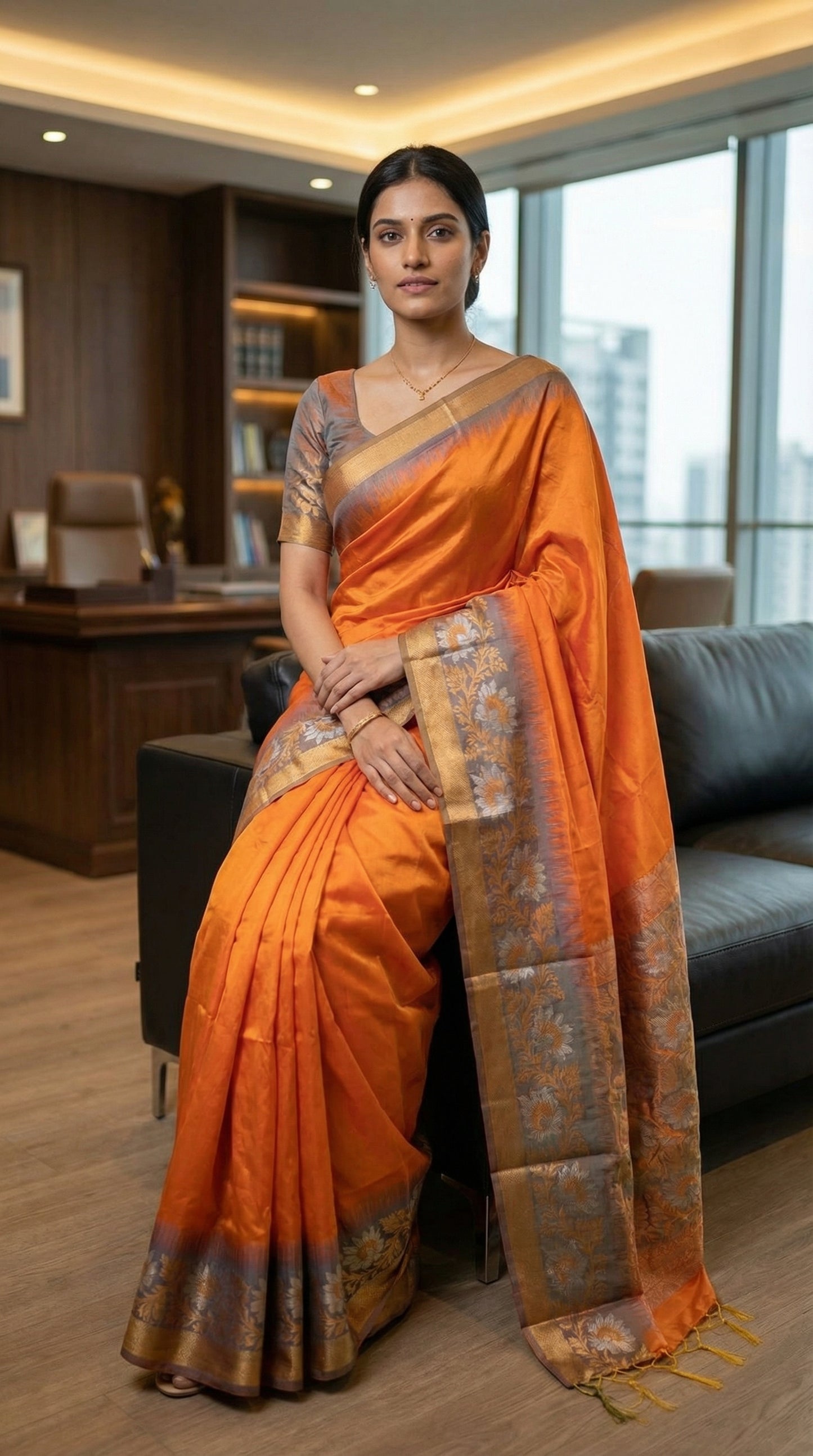 Woman in an Orange viscose silk saree with copper brown border and floral embroidery, elegant festive ethnic wear, with a patterned border indoors.