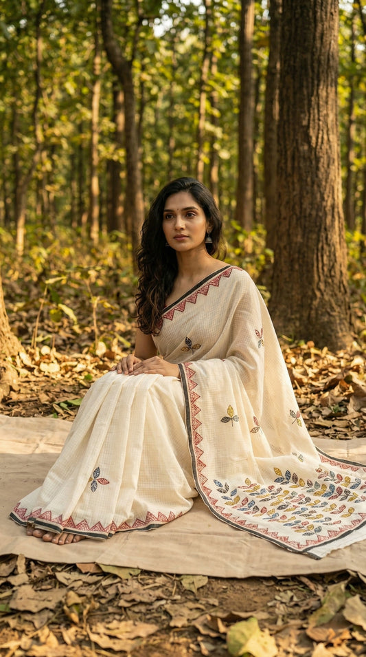 Woman in a white-black-kota-doria-saree, sitting on a log in a forest setting