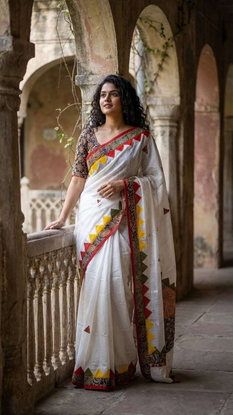 A lady wearing White cotton-linen saree with colorful red, green, and yellow triangle appliqué and printed borders standing in a corridor of a heritage building.