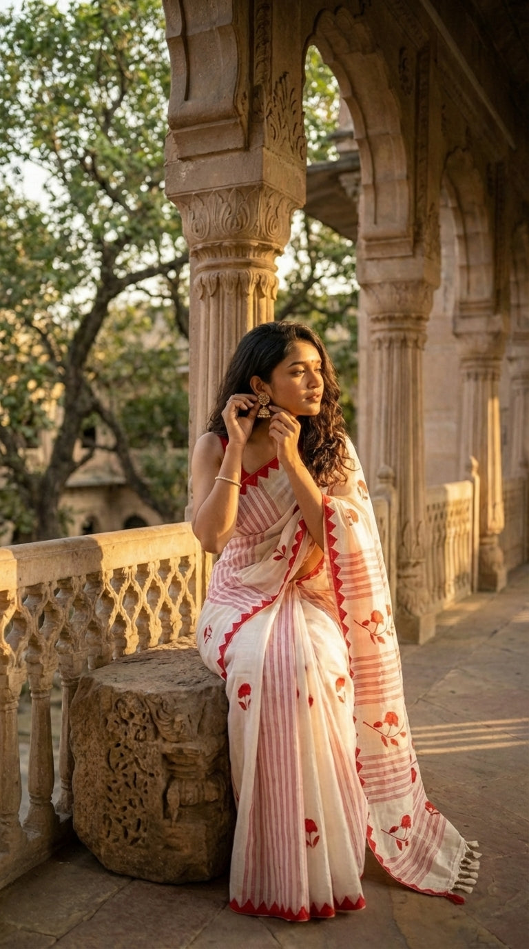 Woman in a white-cotton-saree-red-applique, standing in an architectural setting.