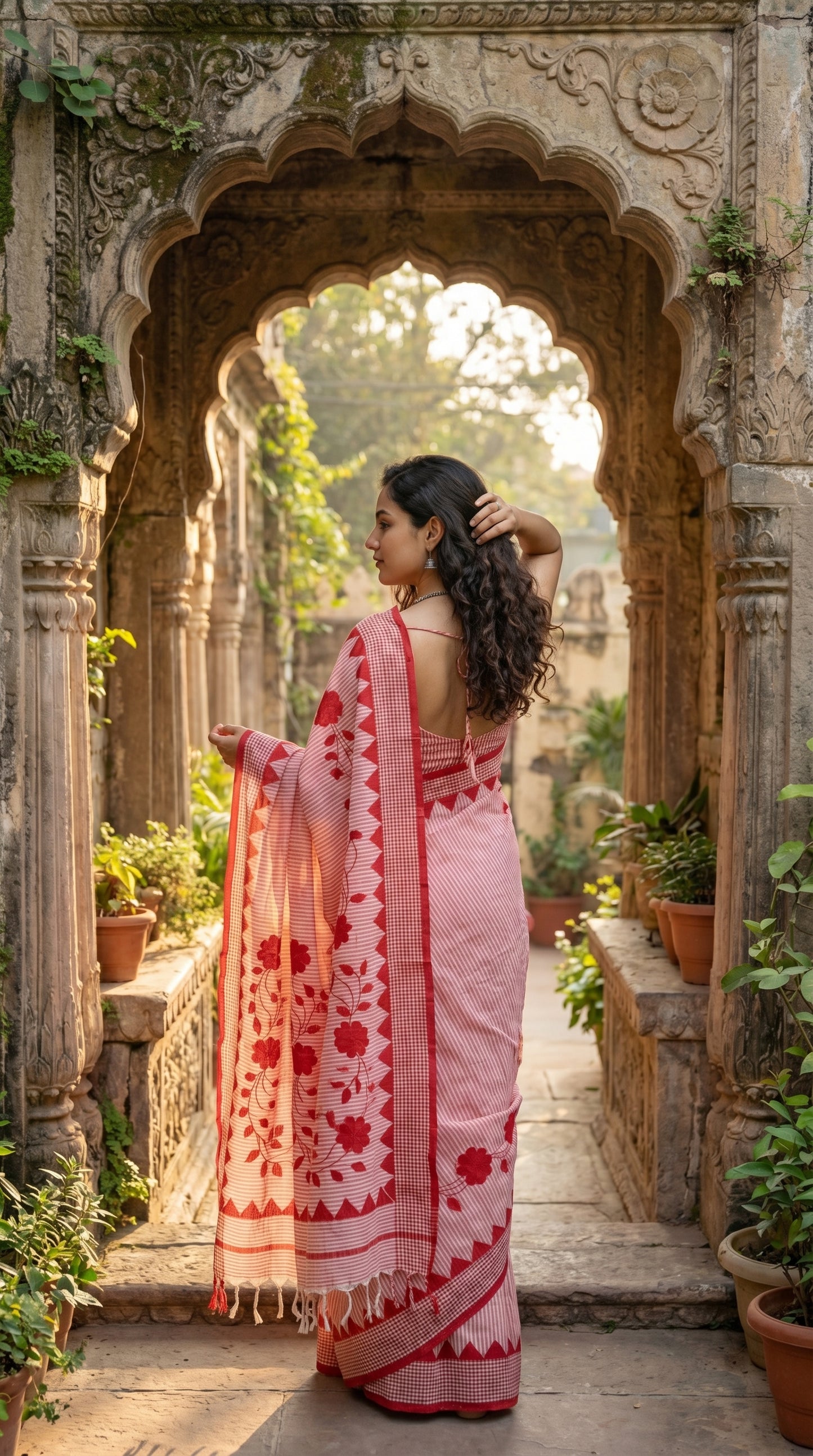 Woman in a white-floral-cotton-applique-saree, standing in front of an ornate stone archway with plants.