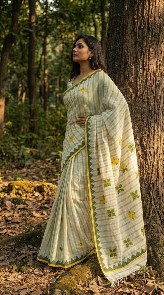 Woman in a white-green-yellow-applique-saree, standing in a forest