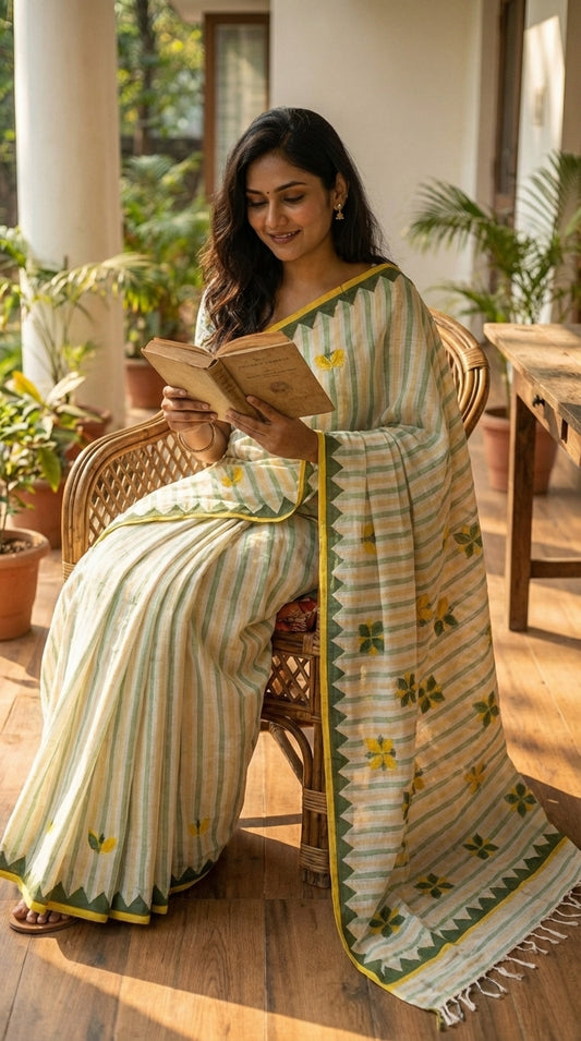 Woman in a white-green-yellow-applique-saree, reading a book on a wooden floor with plants in the background