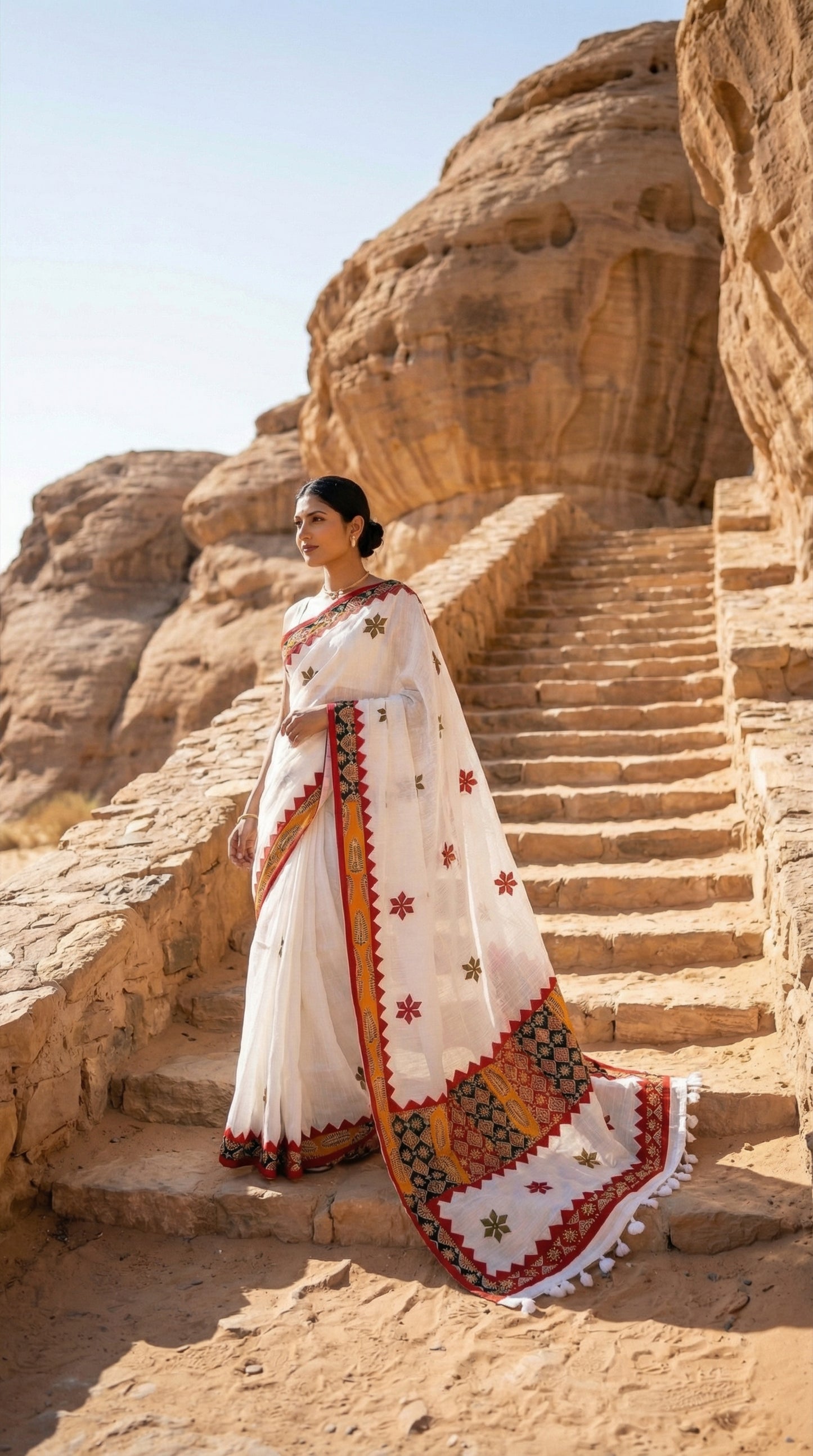 Woman in a white linen cotton saree with handcrafted applique border, standing on stone steps in a desert setting