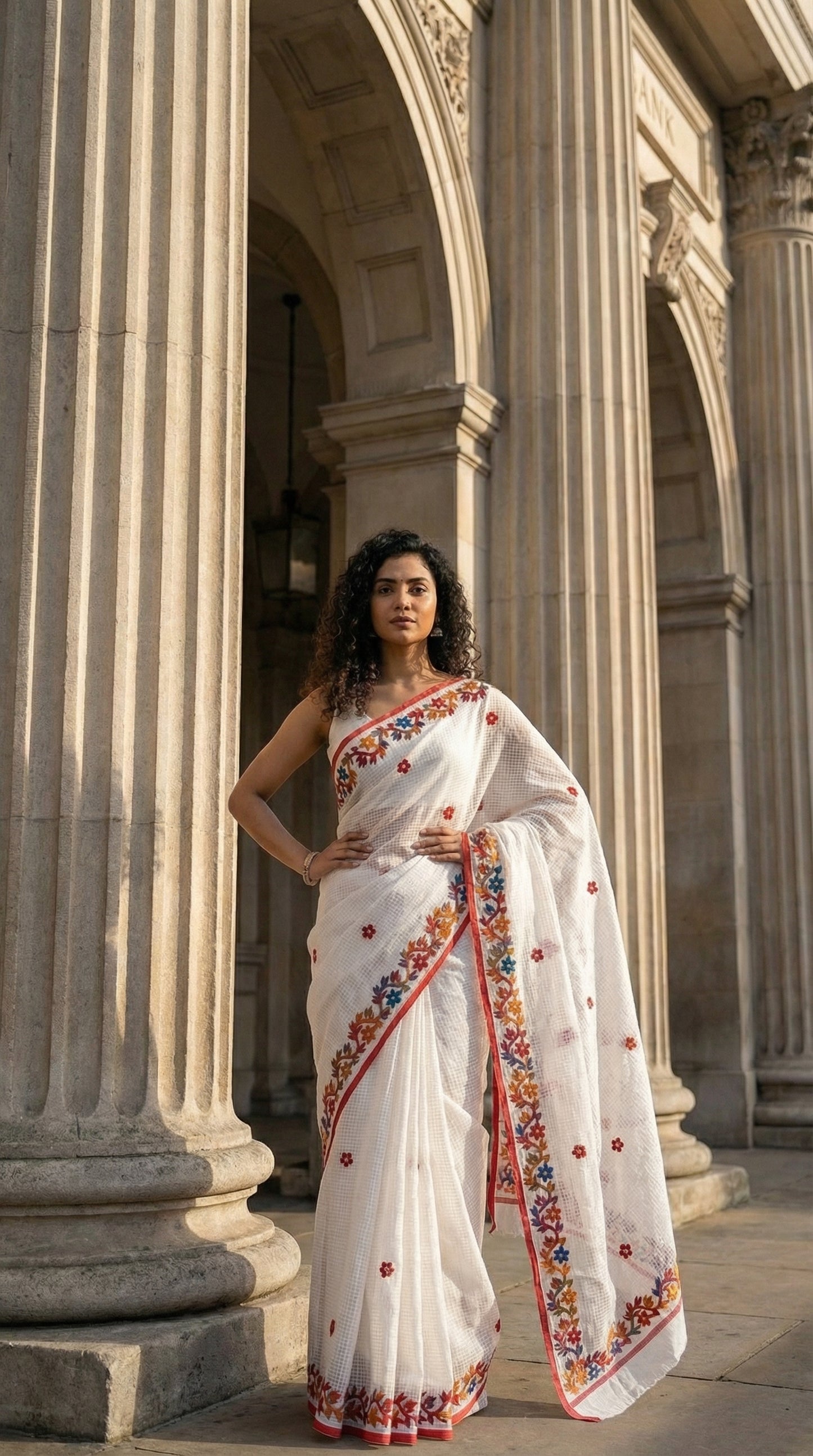 Woman in a white-kota-doria-saree, standing in front of classical architecture.