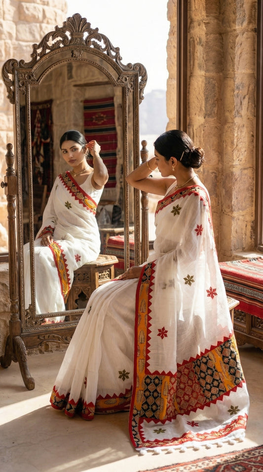 Woman in a white linen cotton saree with traditional applique border, sitting in front of a mirror in an ornate room.