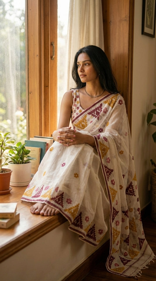 Woman in a white-mustard-maroon-applique-kota-saree, sitting by a window.
