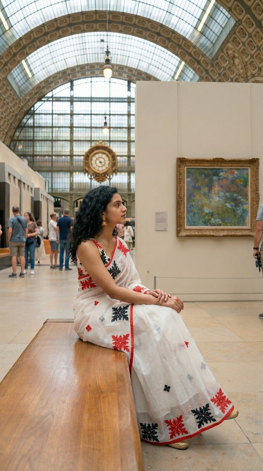 Woman in a white-red-black-applique-kota-saree, against a colorful tiled wall. sitting in an art gallery.