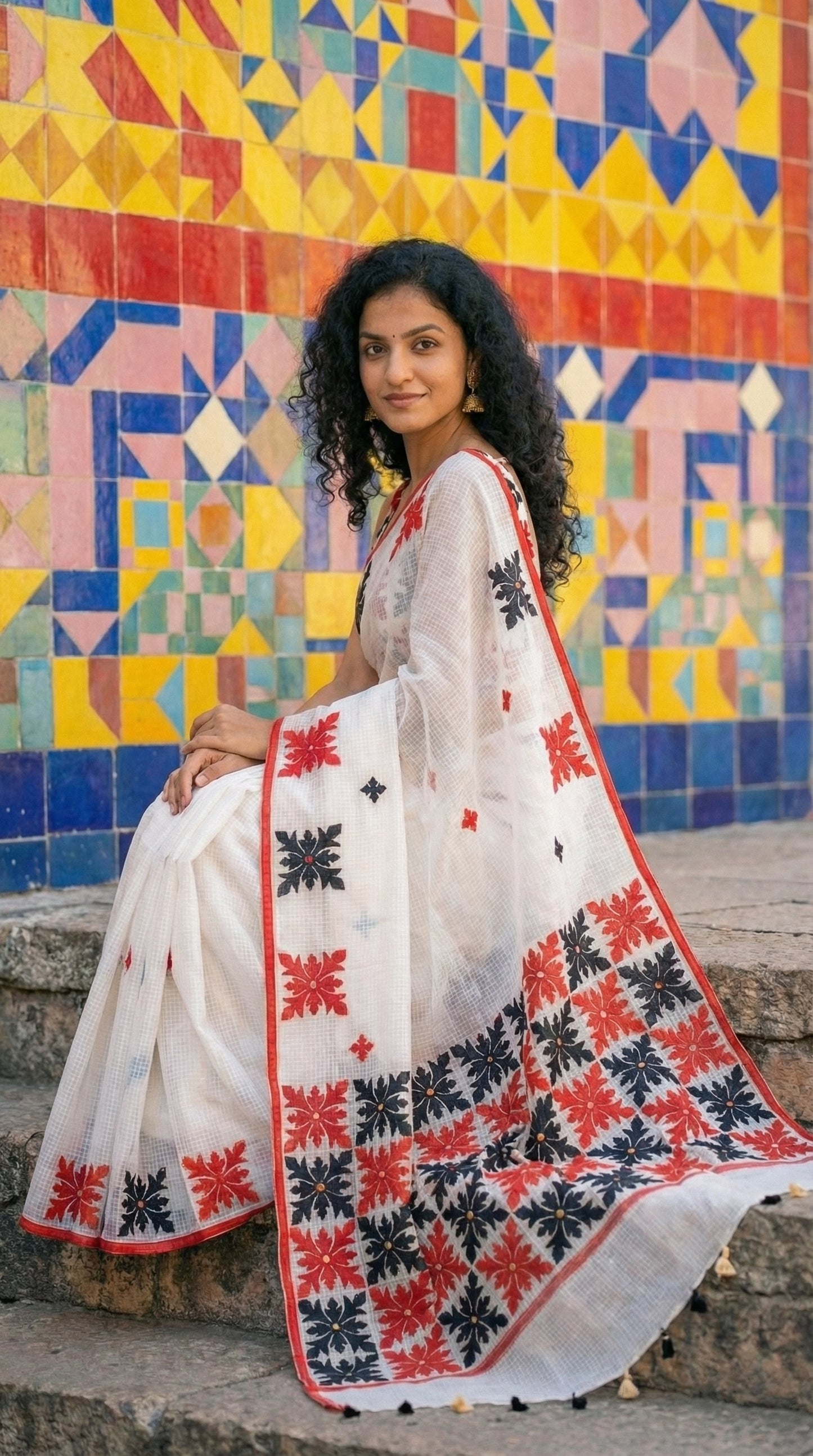 Woman in a white-red-black-applique-kota-saree, against a colorful tiled wall.