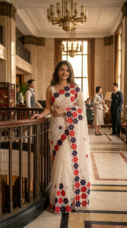 Woman in a white-red-black-mirror-saree, standing in an elegant interior setting