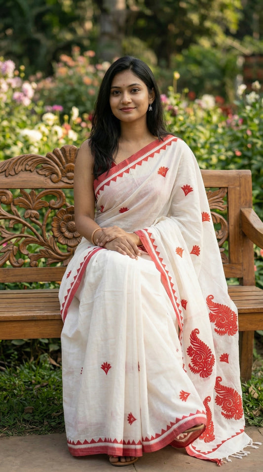 Woman in a white-red-cotton-linen-saree, sitting on a wooden bench in a garden.
