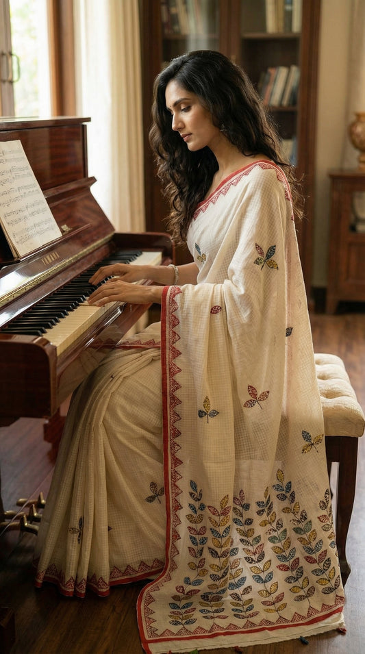 Woman in a white-red-kota-doria-saree, playing a piano in a room with wooden furniture.