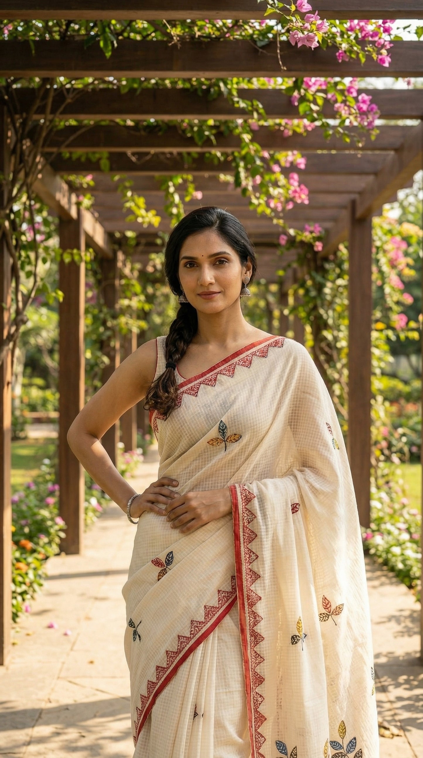 Woman in a white-red-kota-doria-saree, standing in a garden.