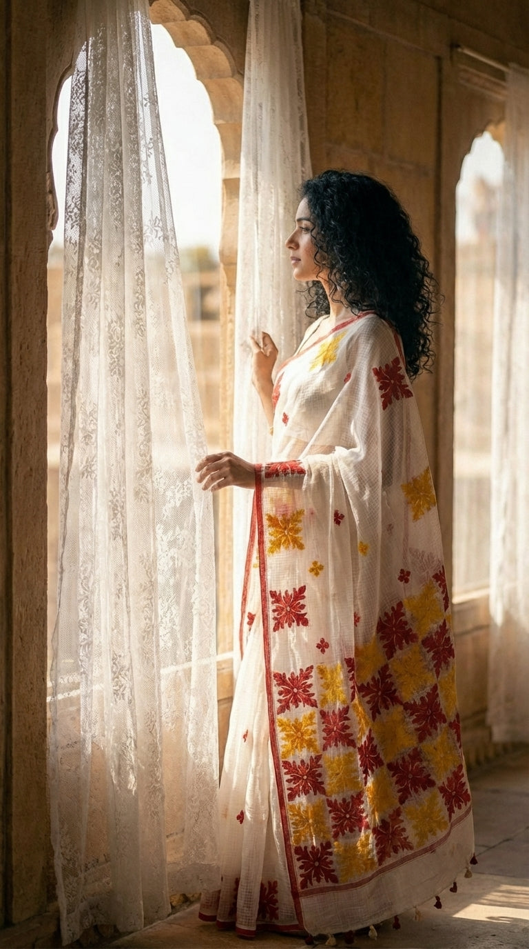 Woman in a white-red-yellow-applique-kota-saree, standing by a window with sheer curtains.