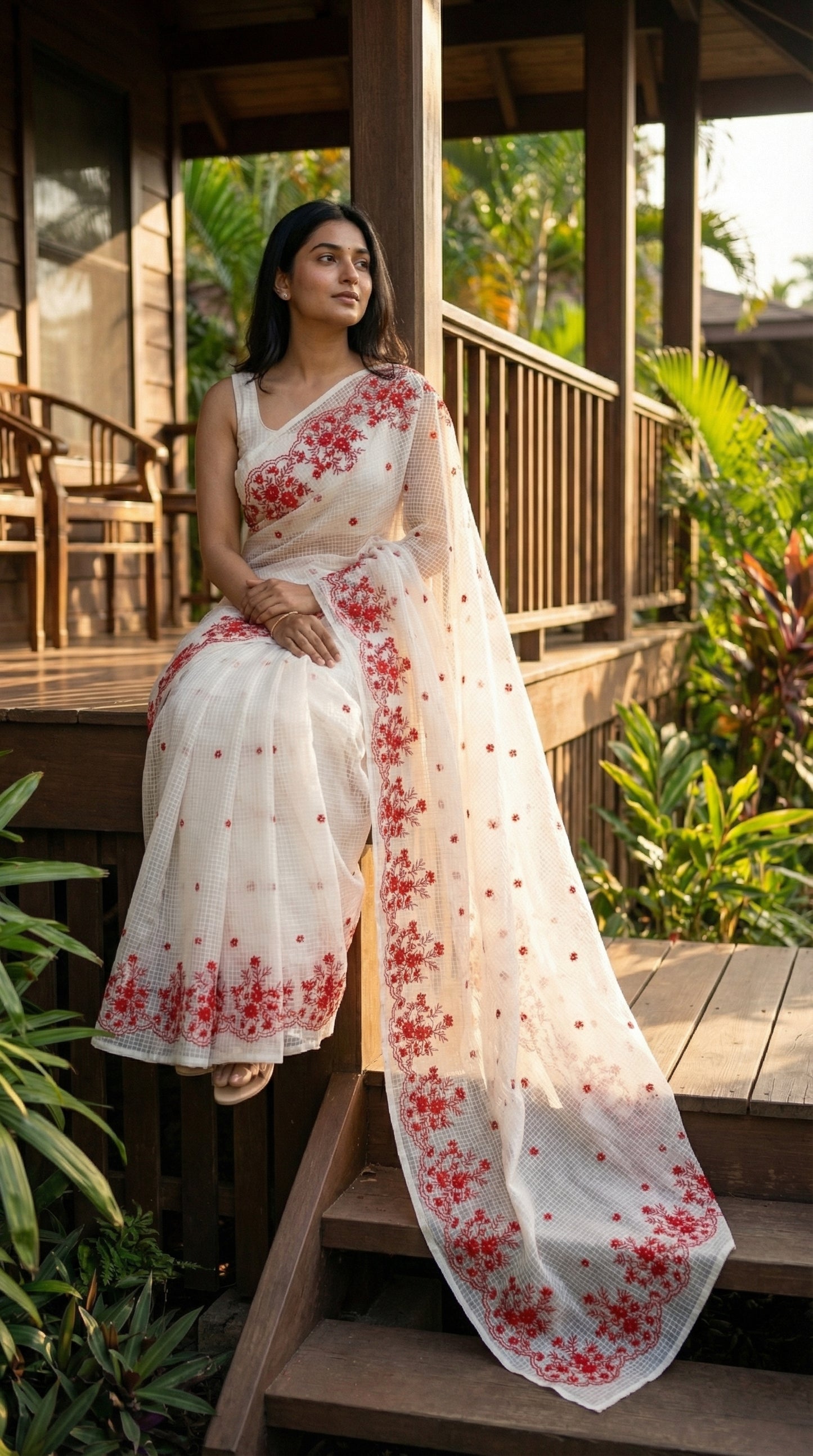 Woman in a white-resham-kota-cotton-saree-red-embroidery, standing on a wooden deck surrounded by greenery.