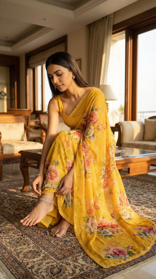 Woman in a yellow chiffon saree with floral prints, sitting on a patterned rug in a well-lit room.