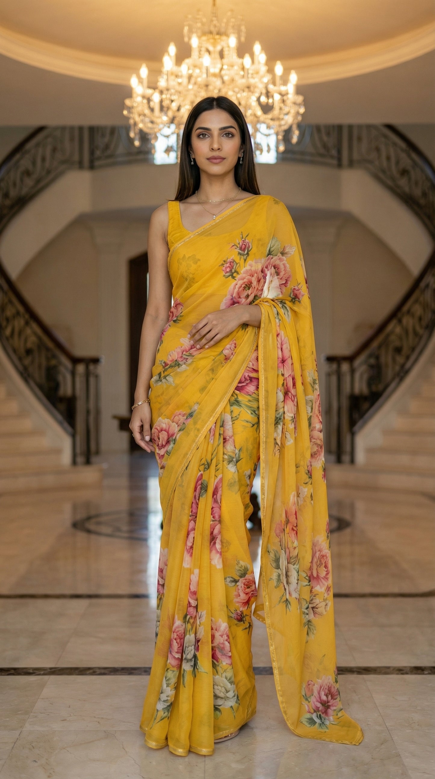 Woman in a yellow chiffon saree with floral prints, standing in an elegant interior setting.