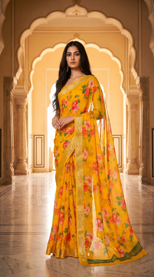 Full-length portrait of a woman standing gracefully inside a palace hallway framed by multi-layered scalloped arches, displaying the elegant straight drape and gleaming gold jacquard border of her yellow saree