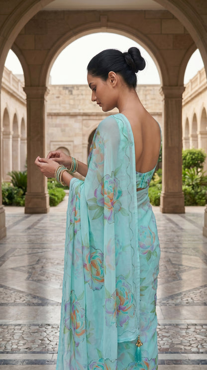 Back view of a woman adjusting her bangles in an archway hall, highlighting the intricate cut work borders on a sheer aqua blue floral printed chiffon saree