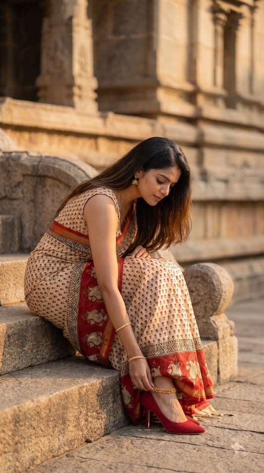 Maheshwari Silk Saree with Handblock Print - Beige & Red