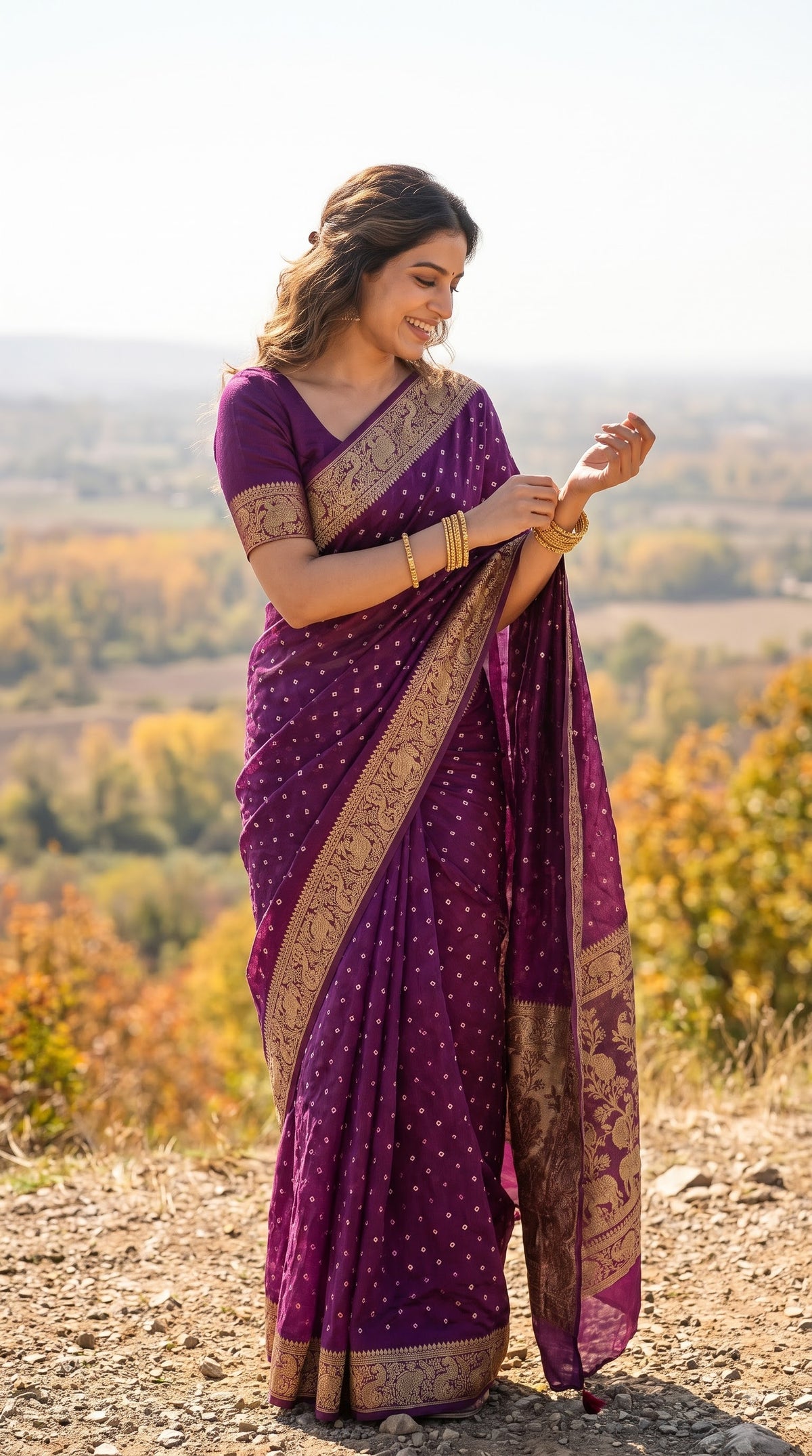 Art Silk Bandhani with Golden Zari - Wine