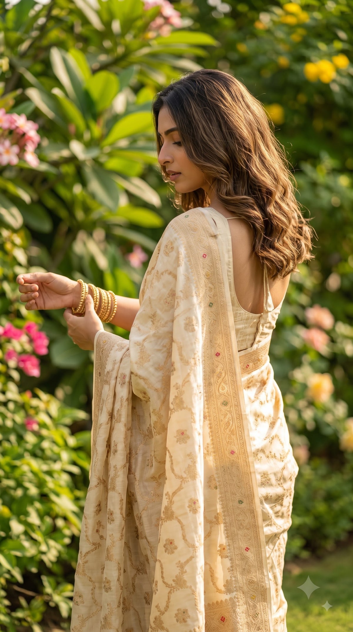 Banarasi Silk Saree with Meenakari Jaal Design-Cream