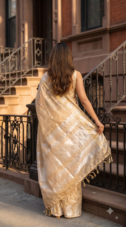 Tissue Silk Saree with Temple Border - Peach