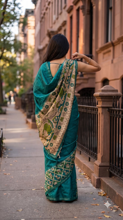 Plain Silk Saree with Kalamkari Gap Border - Rama Green