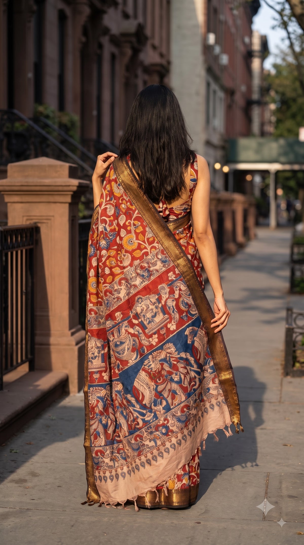 Printed Kalamkari Silk Saree with Border - Red & Black
