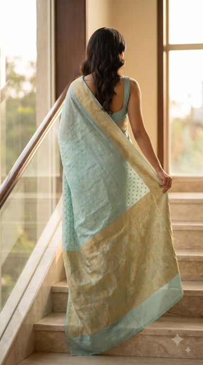 Katan Banarasi Silk Saree with Small Butta-Sky Blue